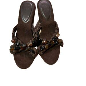 New York & Co Brown Sandal Wedge Slides - Stone Embellishments - Size 9